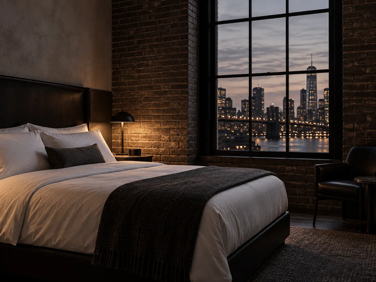 An atmospheric brick-walled hotel room at dusk